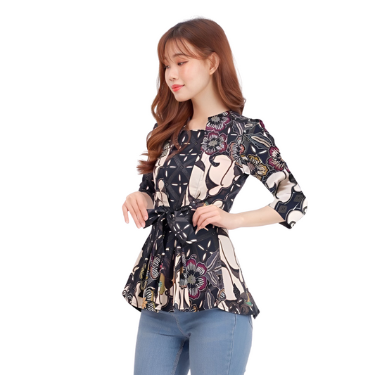 Women's Batik Blouse Black 3/4 Sleeve - Kirana