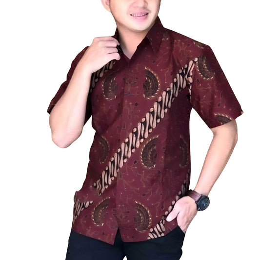 Men's Batik Shirt Red Short Sleeve - Adiwijaya