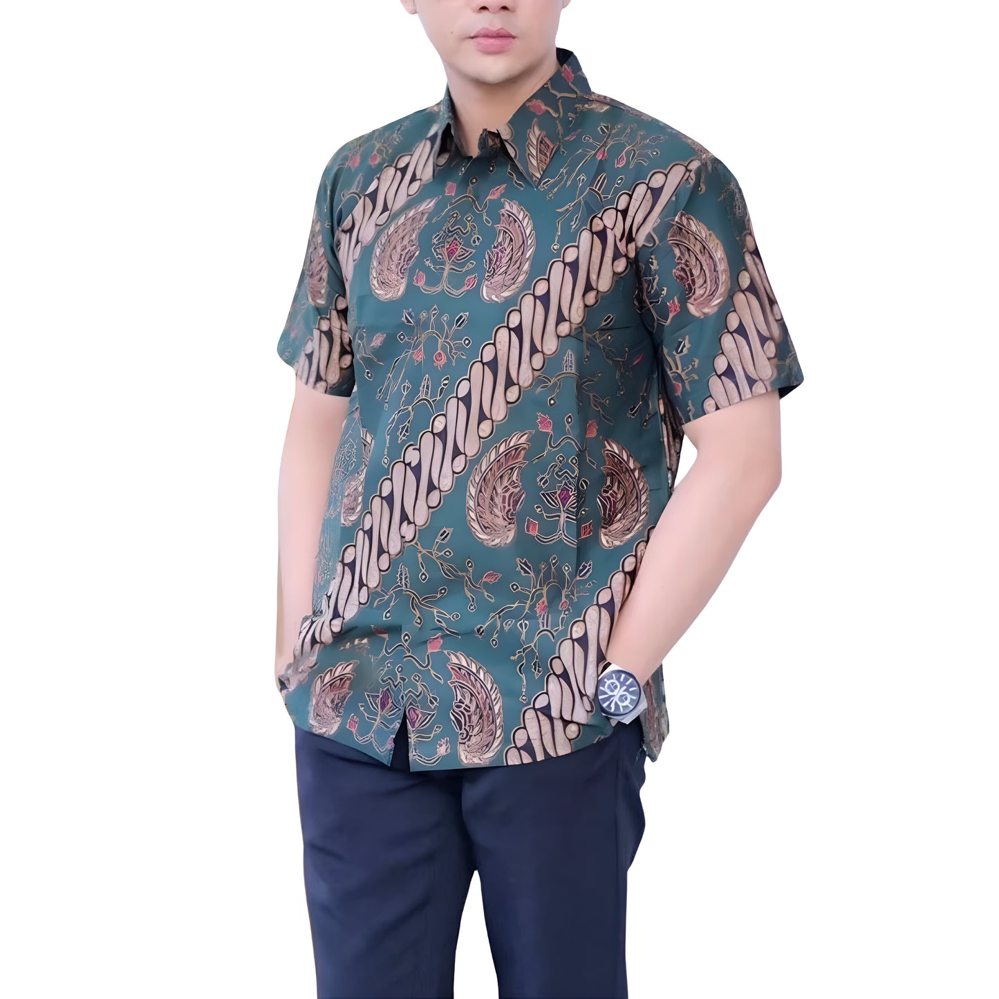 Men's Batik Shirt Green Short Sleeve - Ajisaka 2