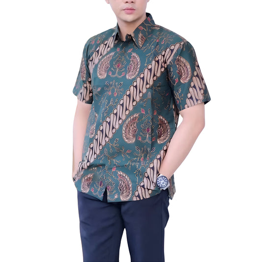 Men's Batik Shirt Green Short Sleeve - Ajisaka 2