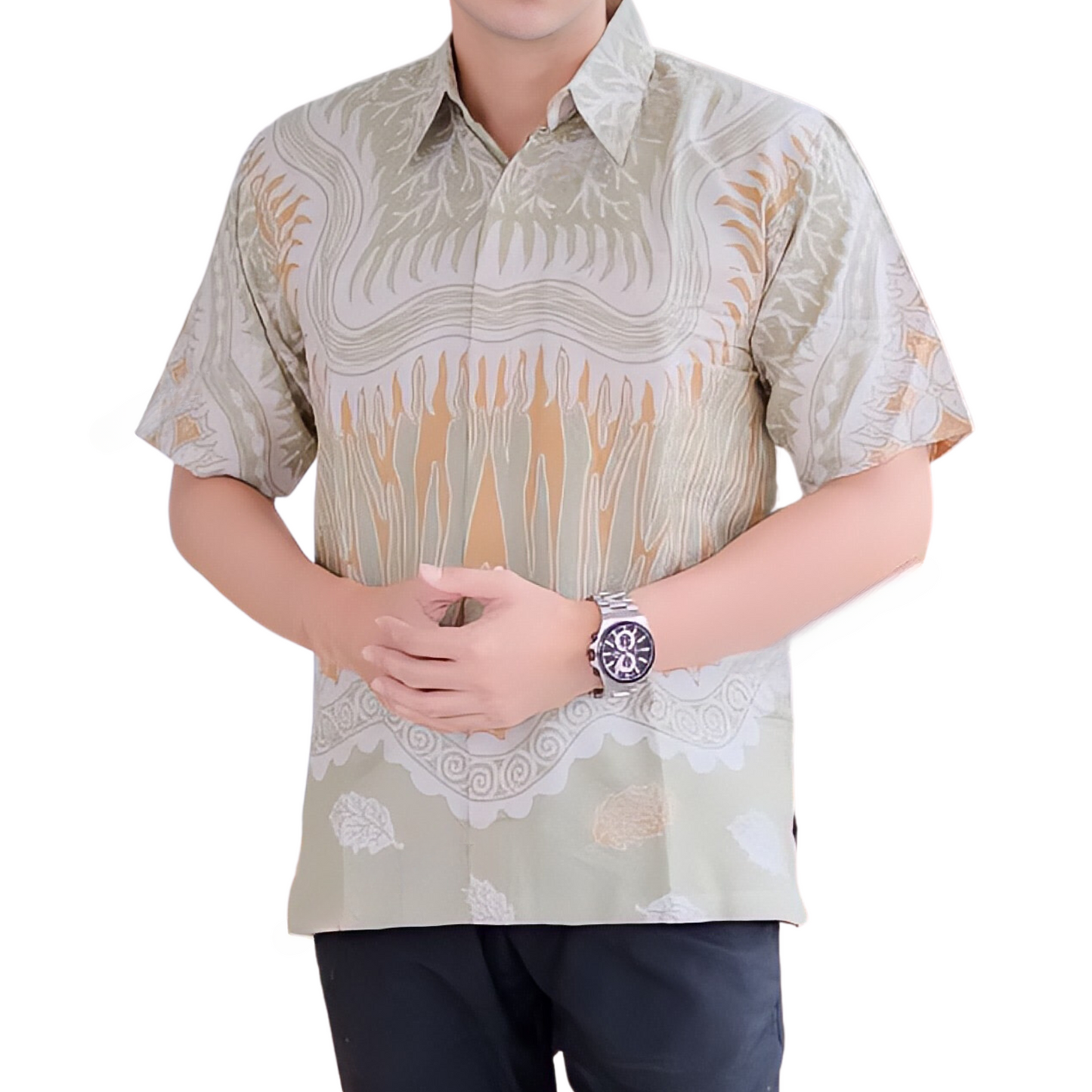 Men's Batik Shirt Beige Short Sleeve - Ananda
