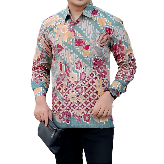 Men's Batik Shirt Green Long Sleeve - Baginda