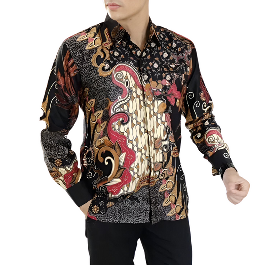 Men's Batik Shirt Black Long Sleeve - Baktiadi