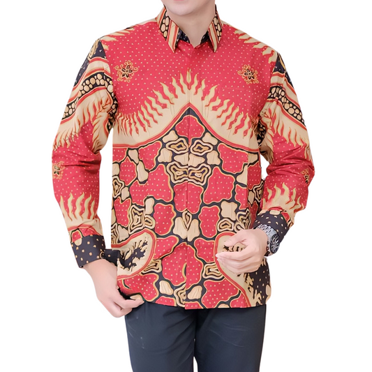 Men's Batik Shirt Red Long Sleeve - Bandar