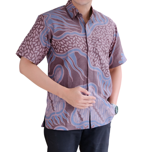 Men's Batik Shirt Purple Short Sleeve - Bengawan