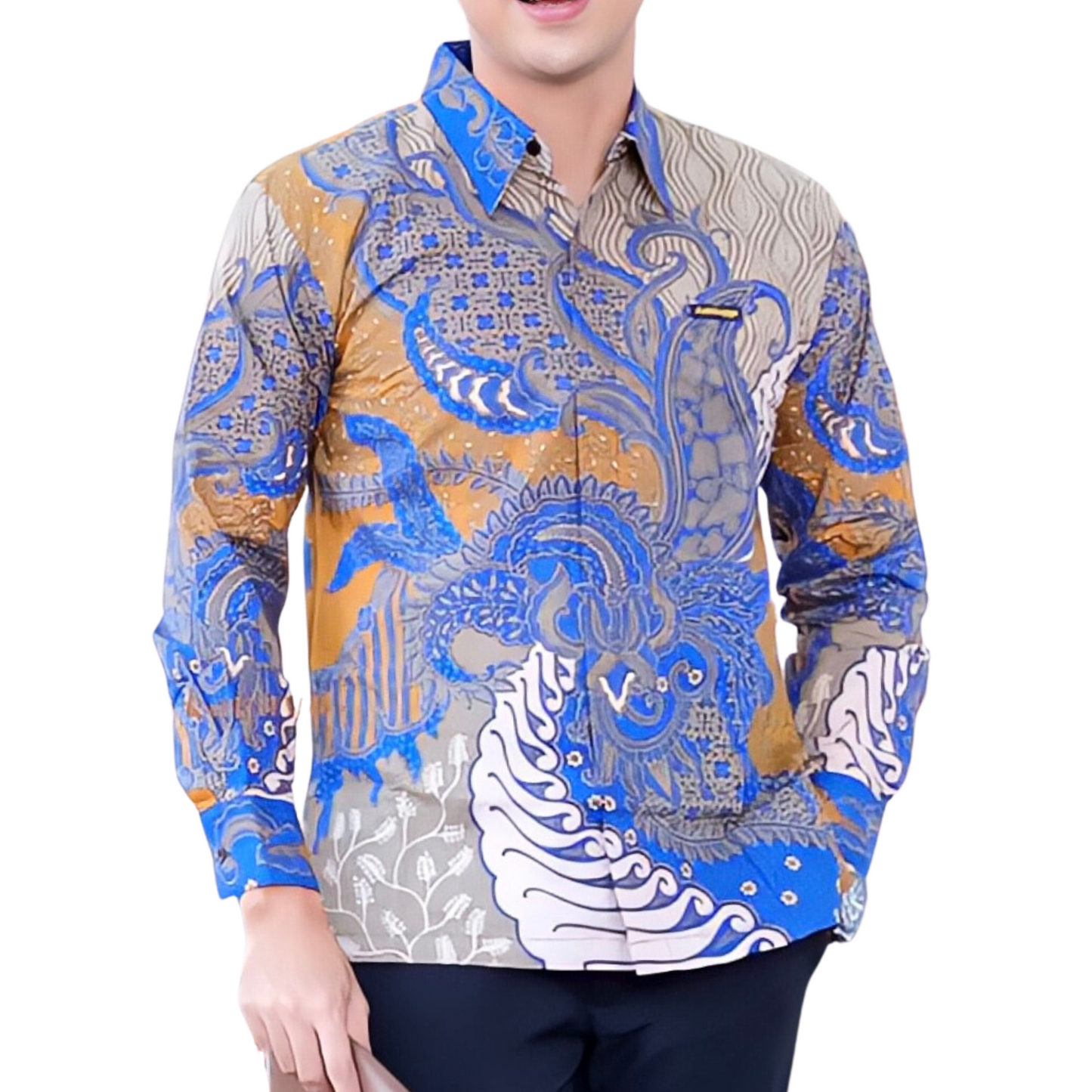 Men's Batik Shirt Blue Long Sleeve - Bramantya