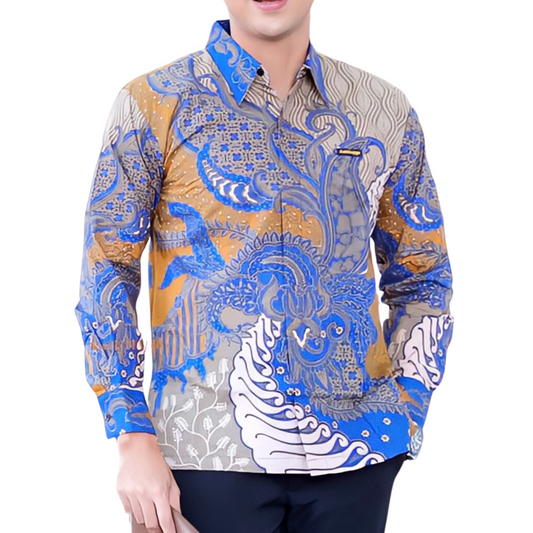 Men's Batik Shirt Blue Long Sleeve - Bramantya