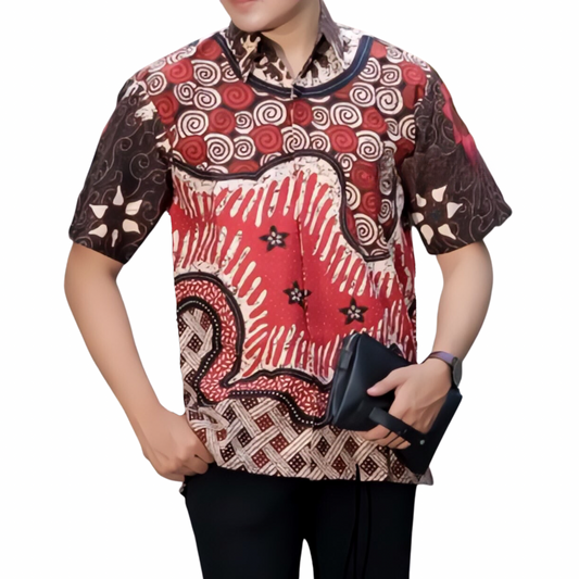 Men's Batik Shirt Red Short Sleeve - Adhiprima
