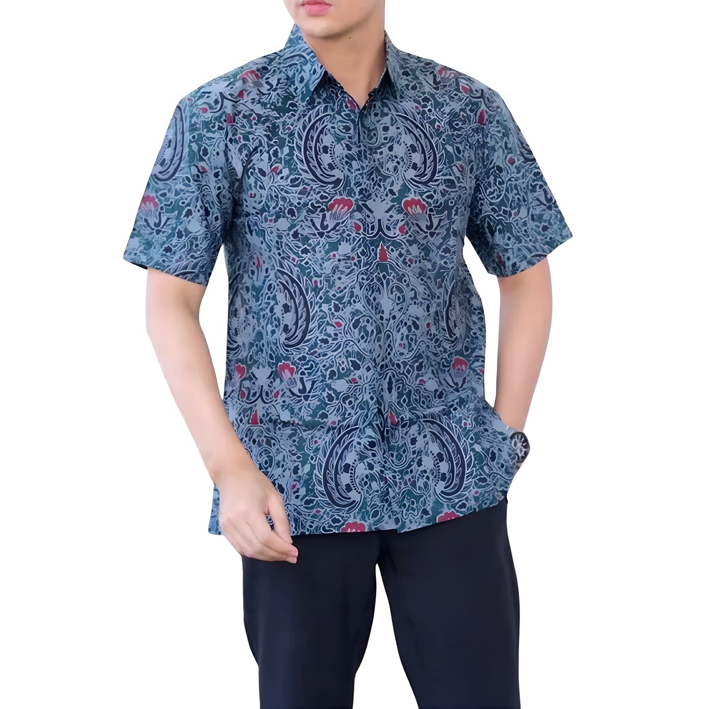 Men's Batik Shirt Blue Short Sleeve - Dzaky