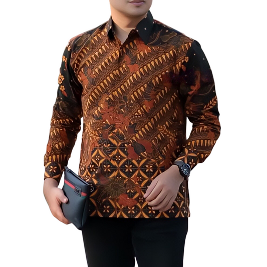 Men's Batik Shirt Orange Long Sleeve - Garangan