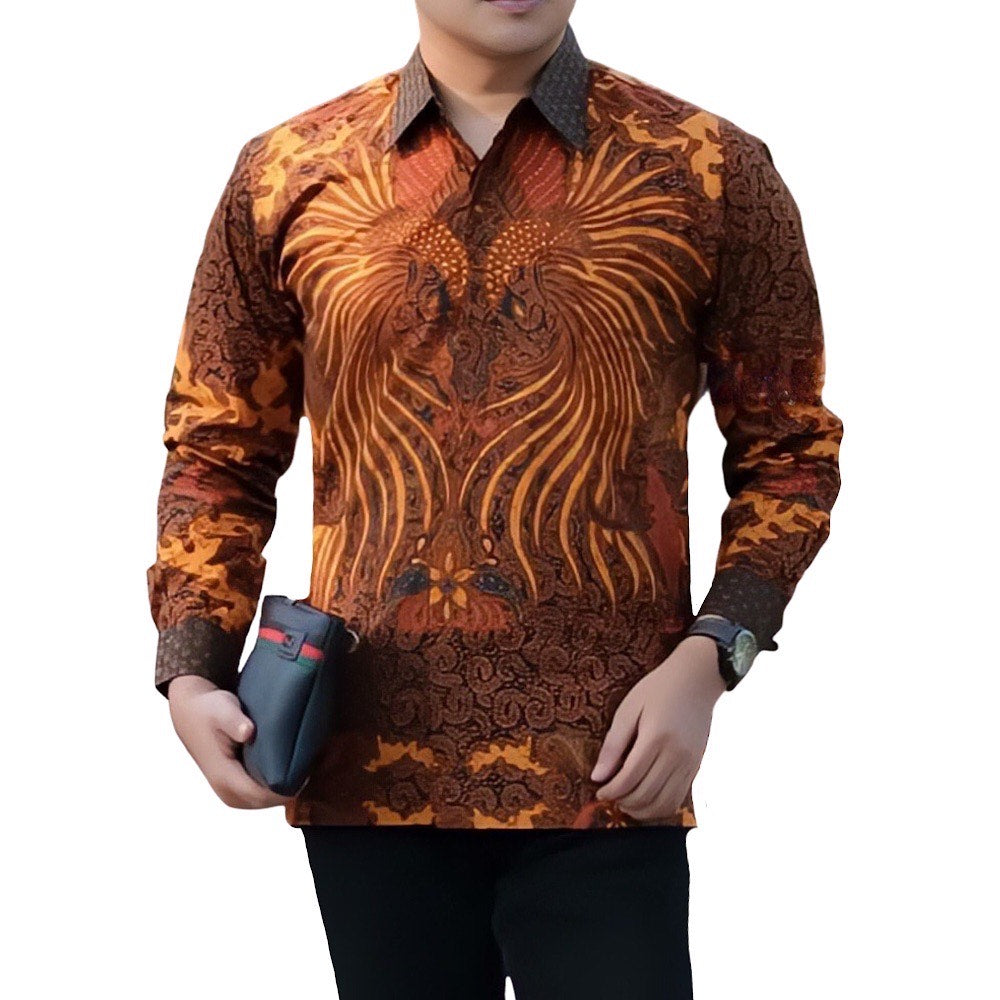 Men's Batik Shirt Orange Long Sleeve - Hendarso