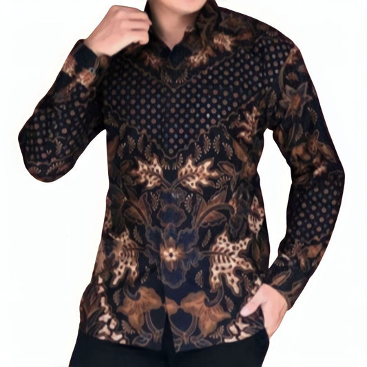 Men's Batik Shirt Black Long Sleeve - Perwira