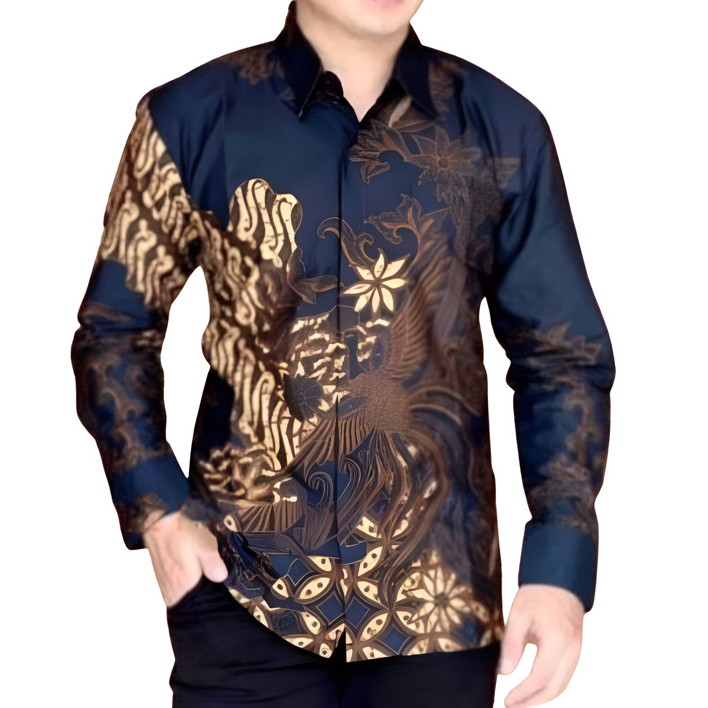 Men's Batik Shirt Blue Long Sleeve - Rajaswa