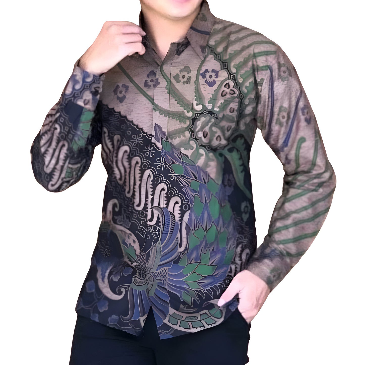 Men's Batik Shirt Blue Long Sleeve - Hanung