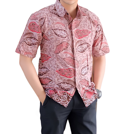 Men's Batik Shirt Maroon Short Sleeve - Keladi