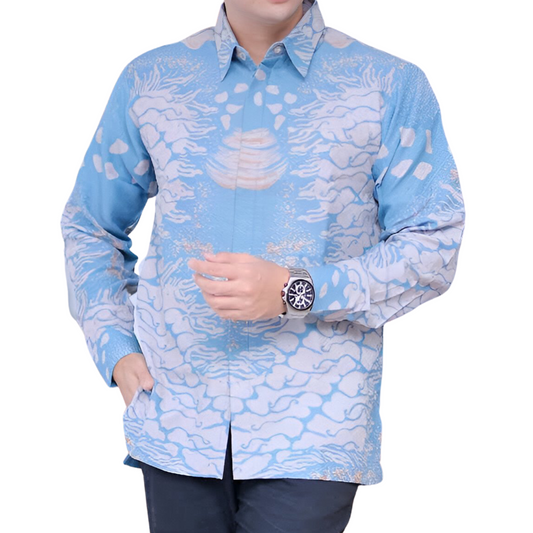 Men's Batik Shirt Blue Long Sleeve - Laut