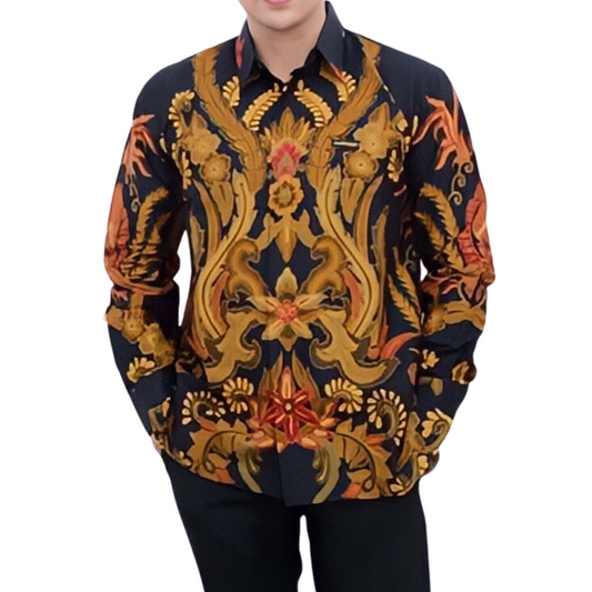 Men's Batik Shirt Black Long Sleeve - Mahendra