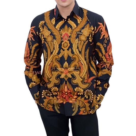 Men's Batik Shirt Black Long Sleeve - Mahendra