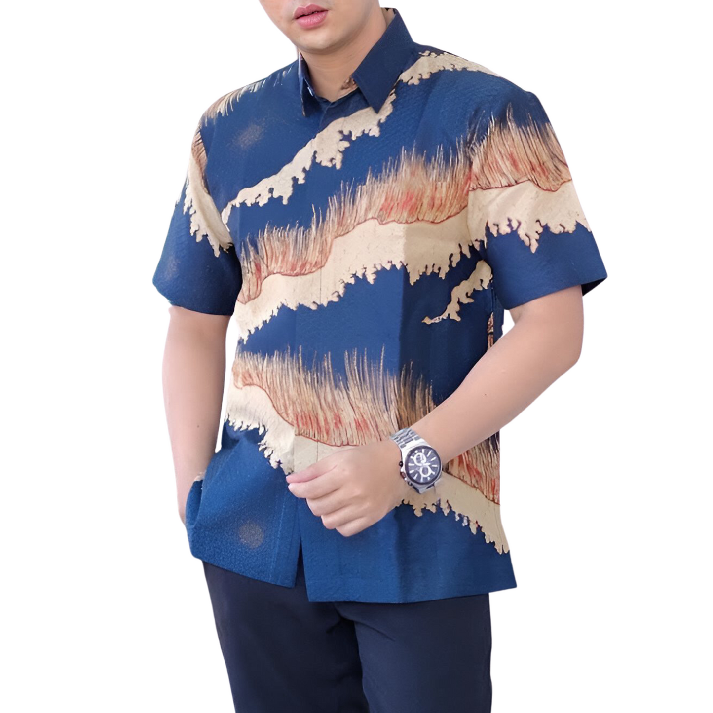 Men's Batik Shirt Blue Short Sleeve - Manah