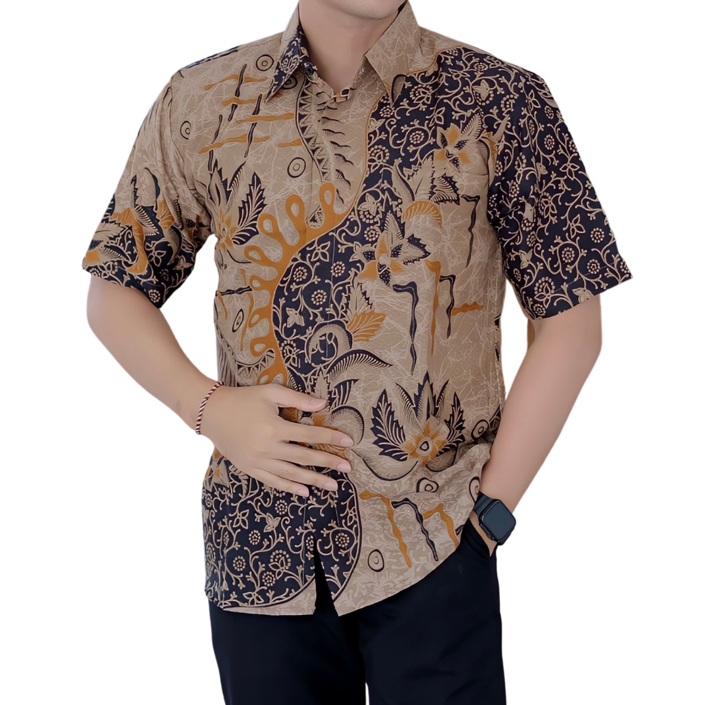 Men's Batik Shirt Beige Short Sleeve - Mahameru