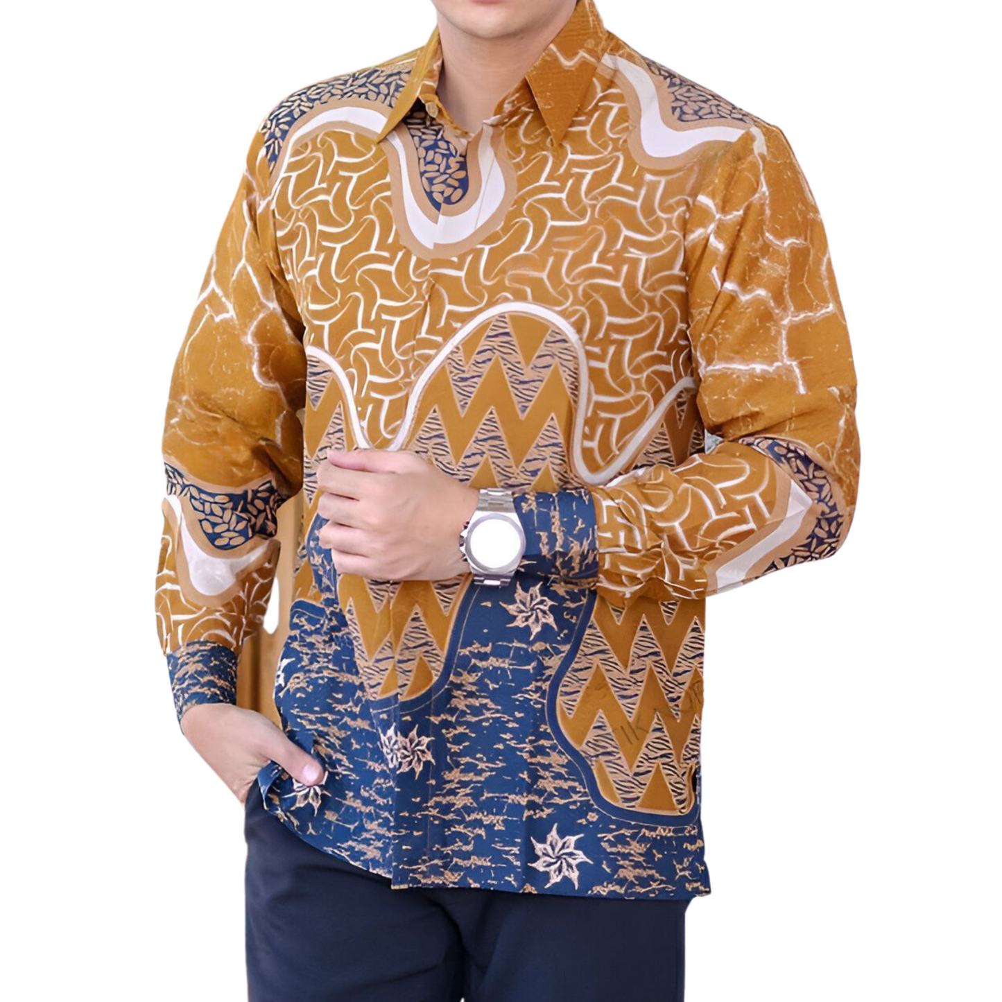 Men's Batik Shirt Orange Long Sleeve - Pola