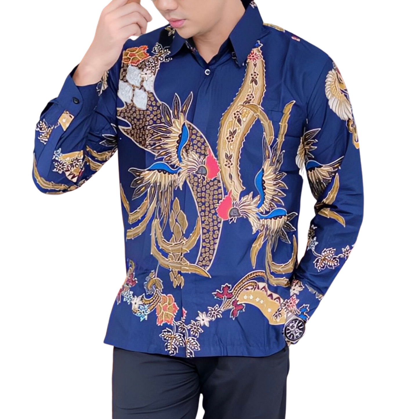Men's Batik Shirt Blue Long Sleeve - Prasetya