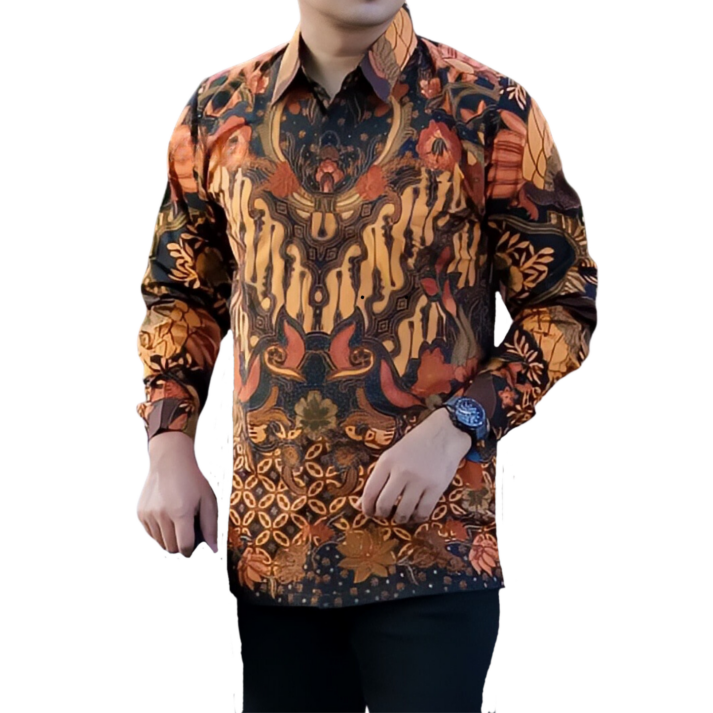 Men's Batik Shirt Orange Long Sleeve - Rajasura