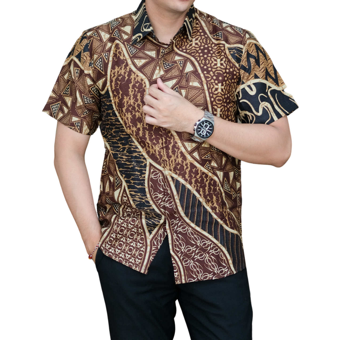 Men's Batik Shirt Brown Short Sleeve - Romo