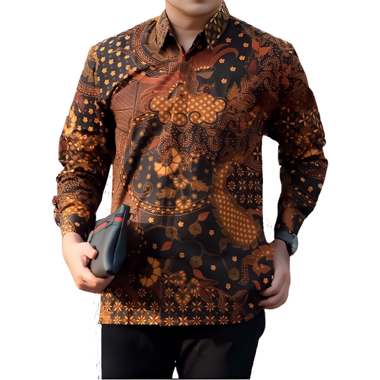 Men's Batik Shirt Orange Long Sleeve - Toraja