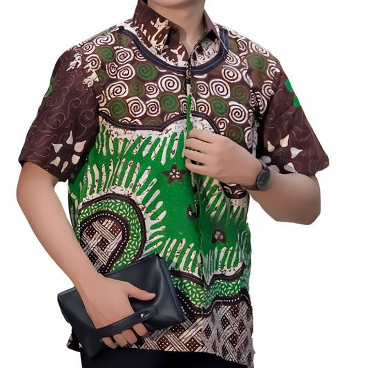 Men's Batik Shirt Green Short Sleeve - Bagong