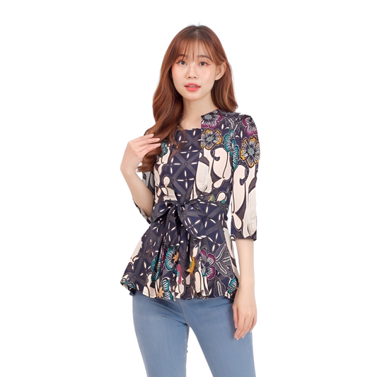 Women's Batik Blouse Navy 3/4 Sleeve - Kirana