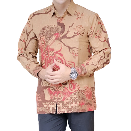 Men's Batik Shirt Beige Long Sleeve - Abang