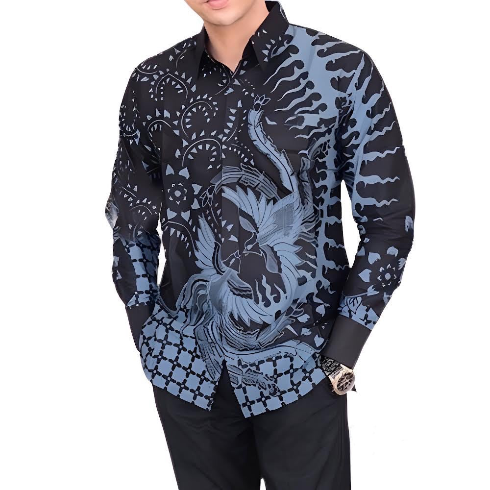 Men's Batik Shirt Blue Long Sleeve - Abiyasa