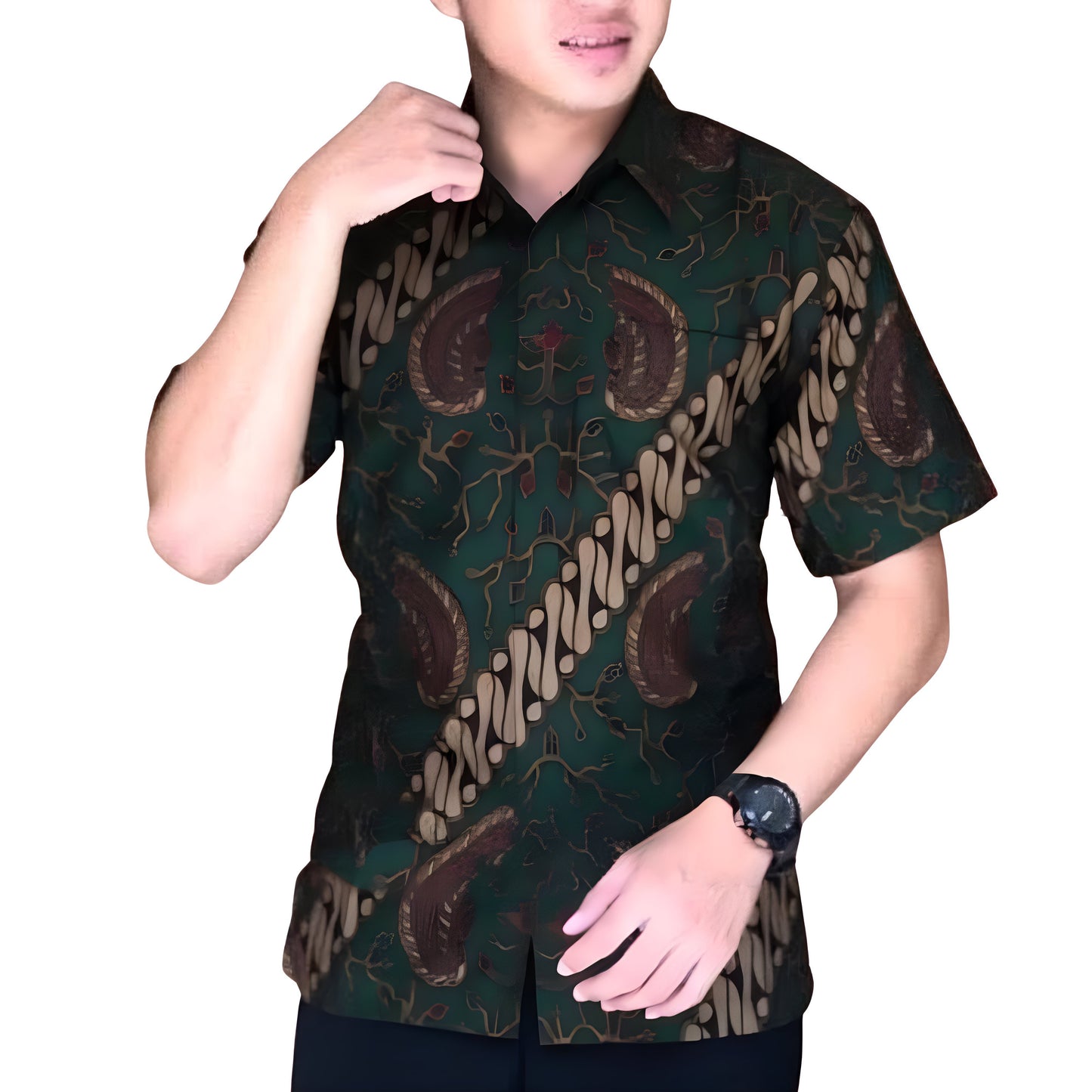 Men's Batik Shirt Dark Green Short Sleeve - Ajisaka