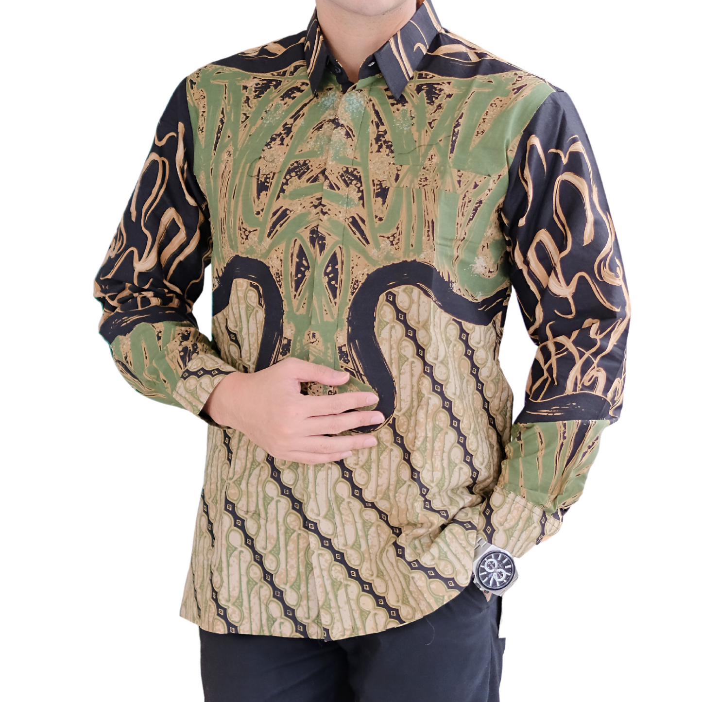 Men's Batik Shirt Green Long Sleeve - Bambu