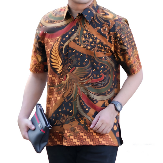 Men's Batik Shirt Orange Short Sleeve - Bekisar