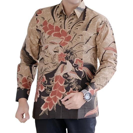 Men's Batik Shirt Beige Long Sleeve - Cendrawasih