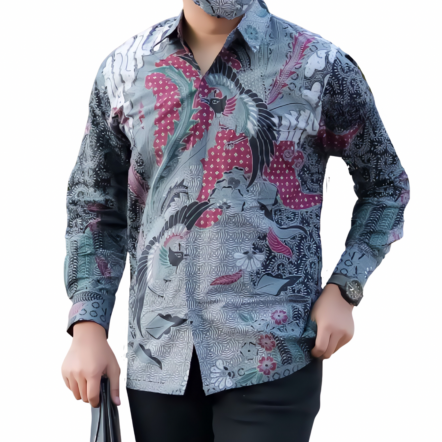 Men's Batik Shirt Gray Long Sleeve - Amora