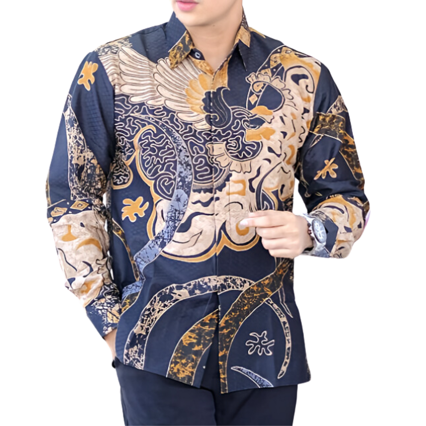 Men's Batik Shirt Blue Long Sleeve - Dewata