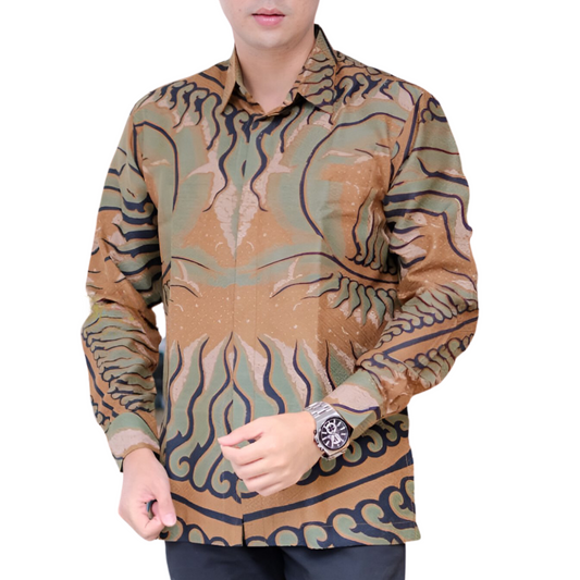 Men's Batik Shirt Beige Long Sleeve - Gedang