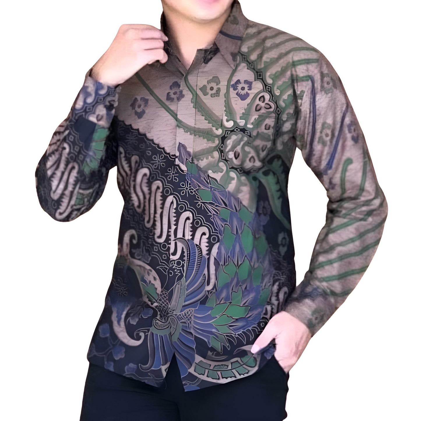 Men's Batik Shirt Blue Long Sleeve -  Hanung