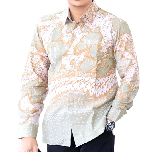 Men's Batik Shirt Beige Long Sleeve - Kawah