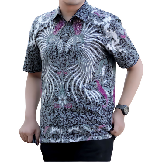 Men's Batik Shirt Gray Short Sleeve - Kembar