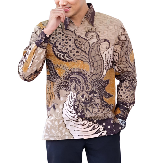 Men's Batik Shirt Beige Long Sleeve - Kresna