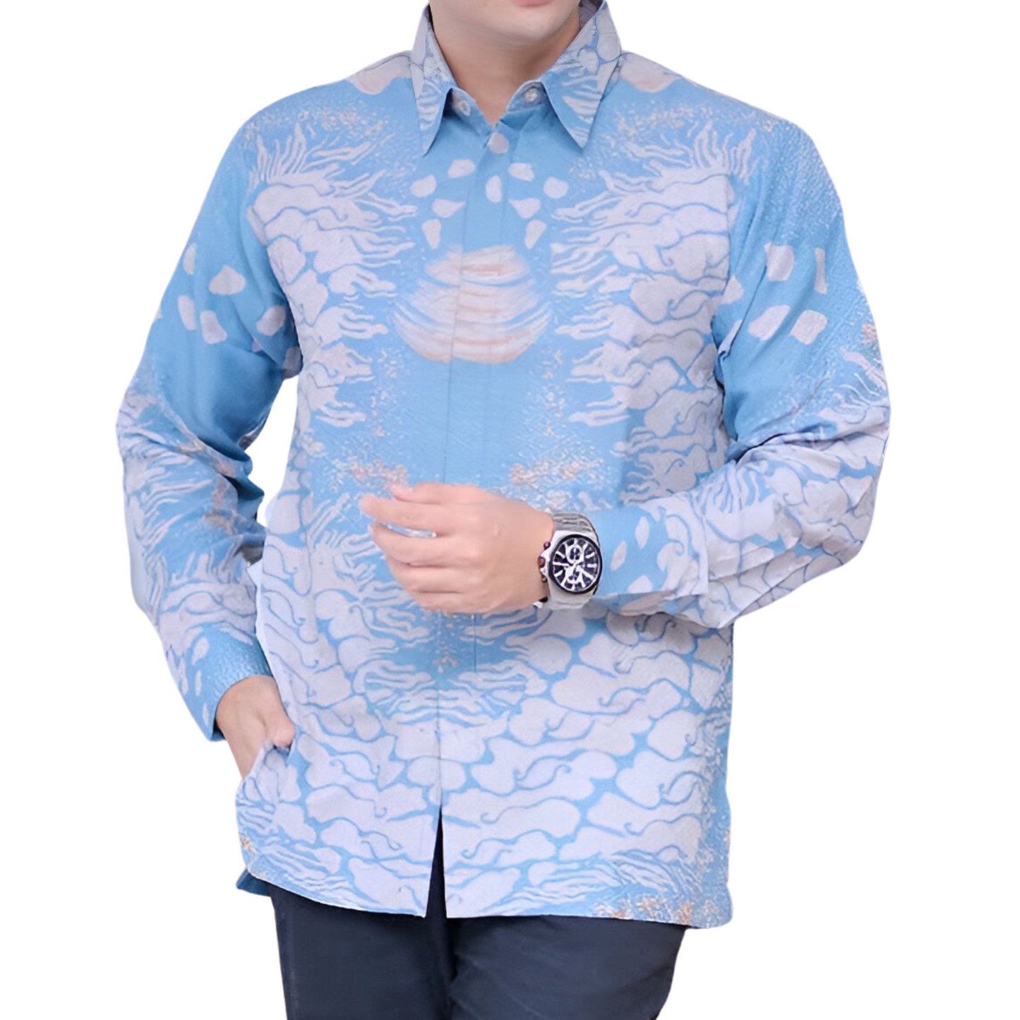 Men's Batik Shirt Blue Long Sleeve - Laut