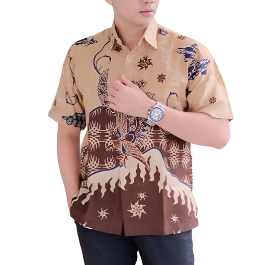 Men's Batik Shirt Beige Short Sleeve - Manuk