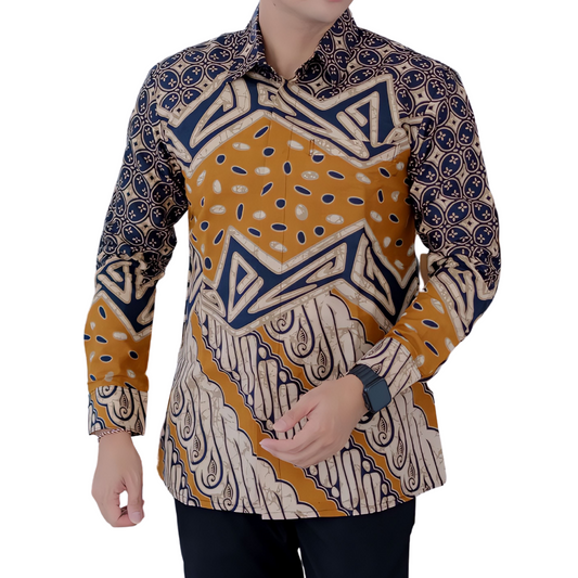 Men's Batik Shirt Beige Long Sleeve - Bimasatya