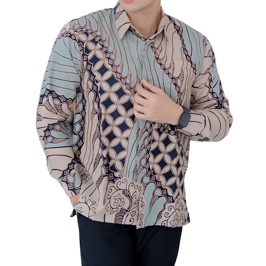 Men's Batik Shirt Beige Long Sleeve - Sudiro