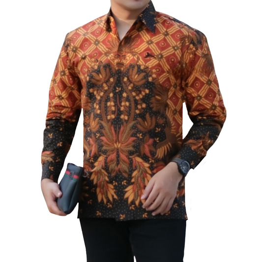 Men's Batik Shirt Orange Long Sleeve - Prajingga