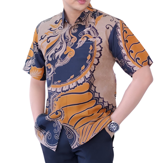 Men's Batik Shirt Beige Short Sleeve - Ramon